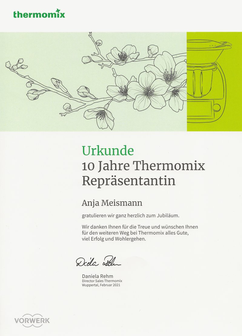 Urkunde 10 Jahre Thermomix Repräsentantin - Anja Meismann